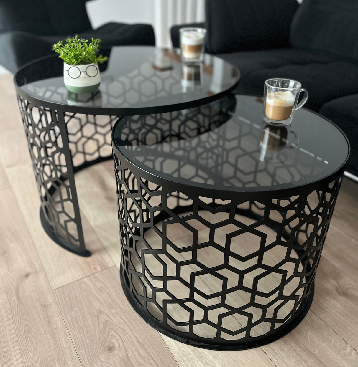 Masa cafea rotunda , set masute de living rotunde , 2 piese , cu blat sticla securizata , extensibila