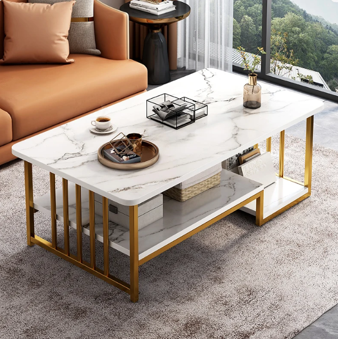 Masa cafea, masa din imitatie de marmura, alb cu auriu, dimensiune 120x60x42 cm