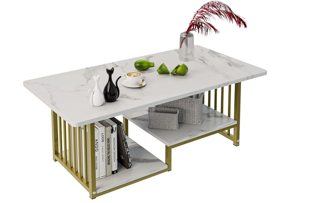 Masa cafea, masa din imitatie de marmura, alb cu auriu, dimensiune 120x60x42 cm