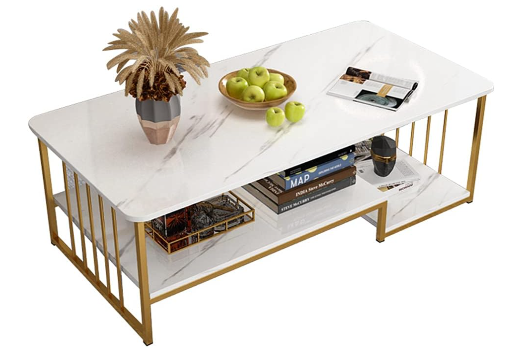 Masa cafea, masa din imitatie de marmura, alb cu auriu, dimensiune 120x60x42 cm