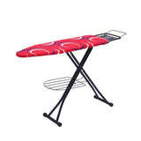Masa de calcat slim, pliabila, cu suport pentru fier de calcat, rosie cu modele, cu suport pentru haine, 110x33cm