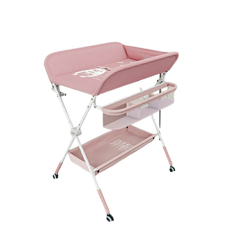 Masa de infasat si schimbat scutecele, multifunctionala, pliabila, cu cos de depozitare, roz, 77x 59 cm - BUZ.RO