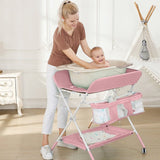 Masa de infasat si schimbat scutecele, multifunctionala, pliabila, cu cos de depozitare, roz, 77x 59 cm - BUZ.RO