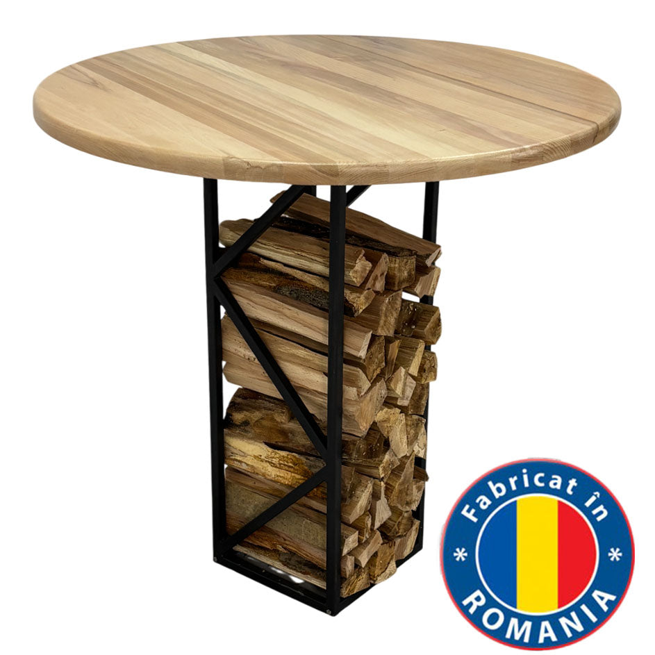 Masa de lucru din lemn tei, rotunda, cu picioare masa metal, Helena, 97.5 cm diametru, 93.4 cm inaltime