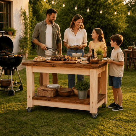 Masa Gratar ,Carucior BBQ ,lemn masiv, roti, terasa 120x71x86 - BUZ.RO