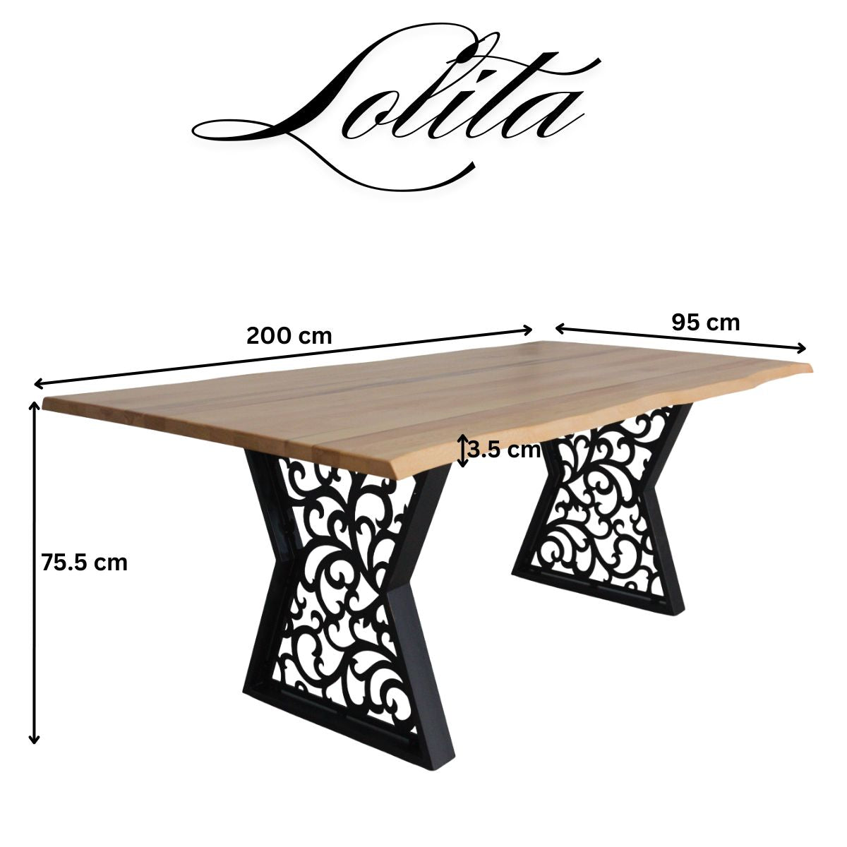 Masa lemn tei Lolita, cu picioare masa metal, 200 L* 95 l* 75.5 H cm