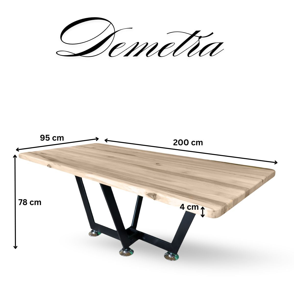 Masa lemn masiv tei, cu picioare masa metal, Demetra, 200x95x78 cm - BUZ.RO