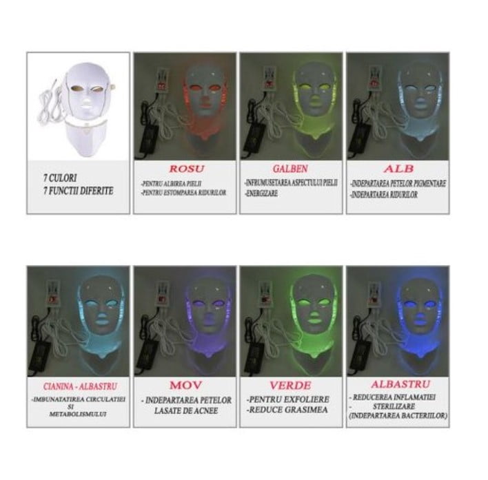 Masca faciala cu LED, tratament afectiuni ten, acnee, pete, riduri, grasime, 7in1
