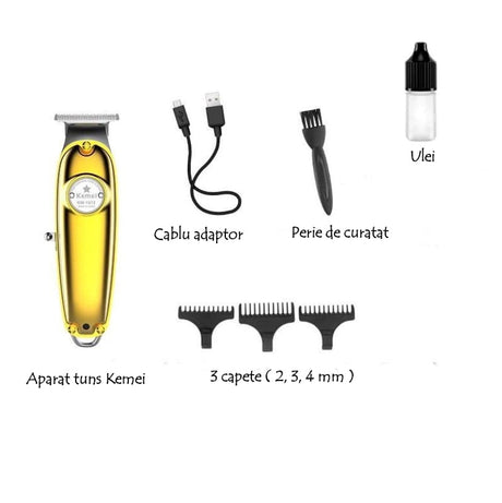 Mașină de Tuns Profesională Kemei – Reîncărcabilă, 3 Capete, Lame Inox, Rezistentă la Apă, din otel, auriu - BUZ.RO