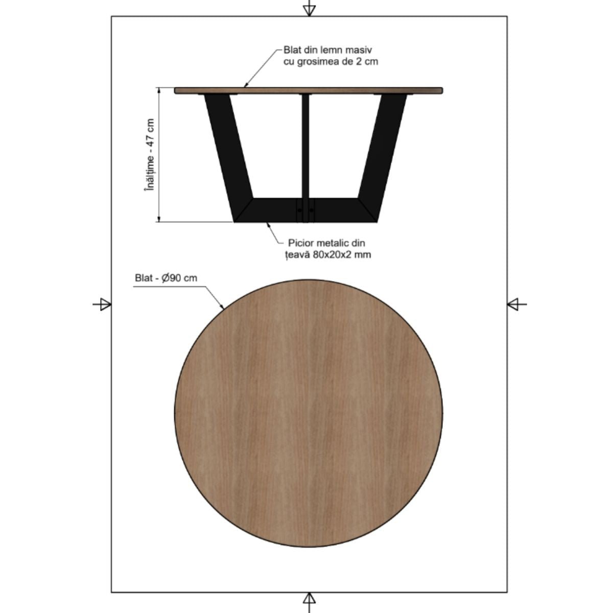 Masuta cafea, cu blat din lemn masiv tei, picior metalic, Artemis, 90x47 cm - BUZ.RO