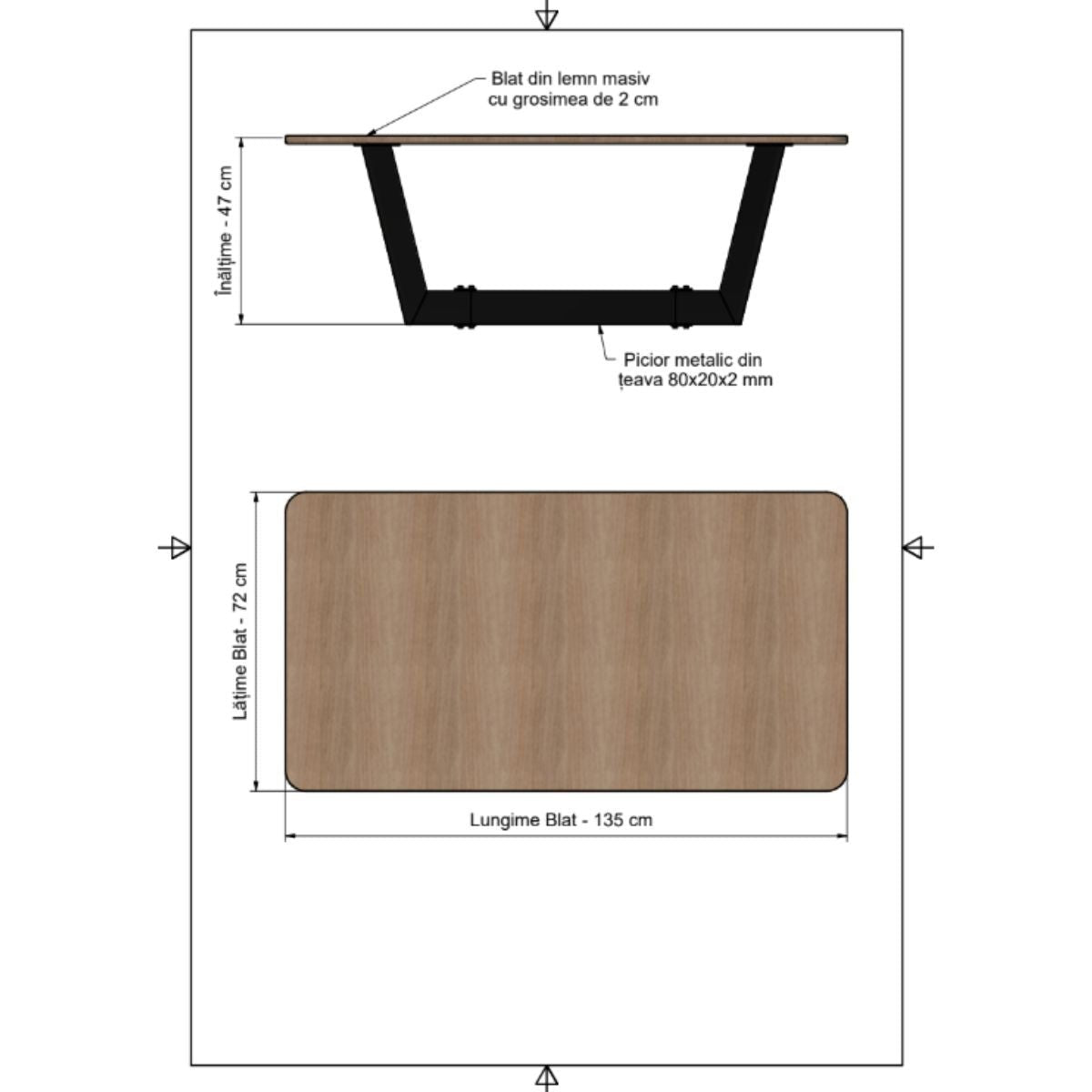 Masuta cafea, cu blat din lemn masiv tei, picior metalic, Hera, 135x72x47 cm - BUZ.RO