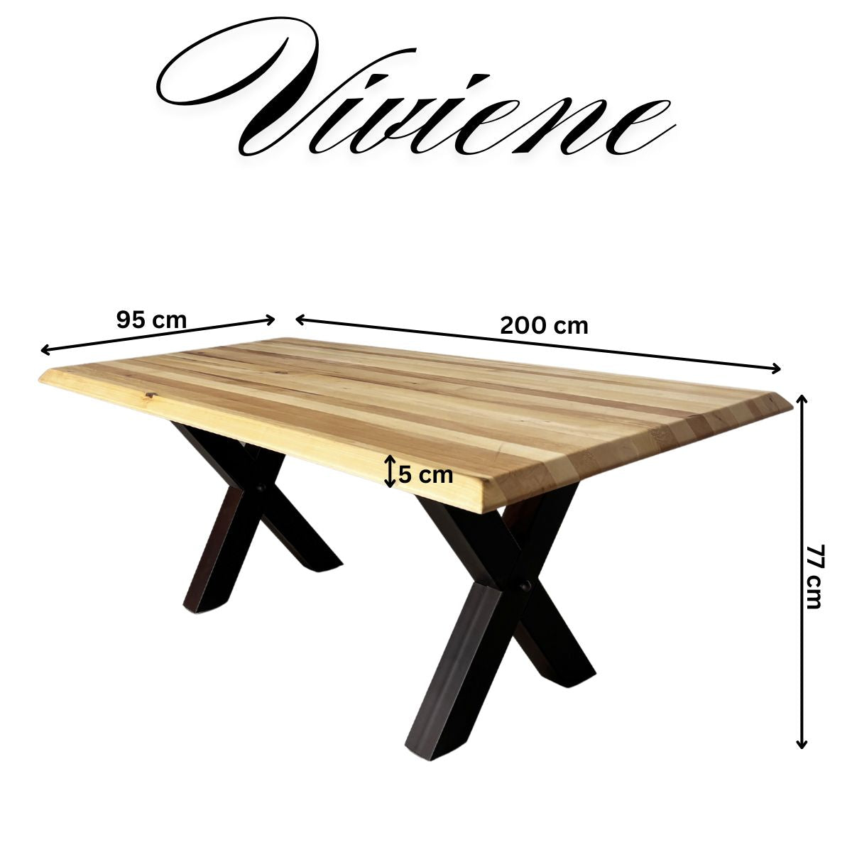 Masa lemn masiv tei, cu picioare masa metal, Viviene, 200x95x78 cm