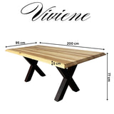 Masa lemn masiv tei, cu picioare masa metal, Viviene, 200x95x78 cm