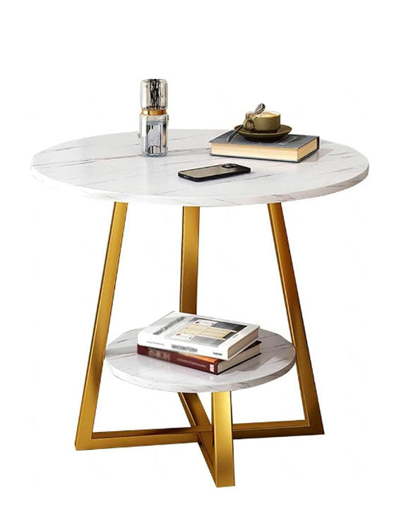 Masuta cafea, masuta living, rotunda, culoare alba-aurie, efect marmura, 60x60x55