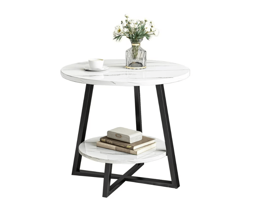 Masuta cafea, masuta living, rotunda, culoare alba - aurie, efect marmura, 60x60x55 - BUZ.RO