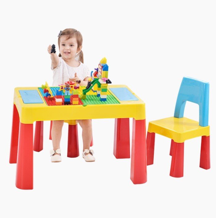 Masuta cu scaune copii, masa lego si 2 scaune, spatiu depozitare, picioare antiderapante, multicolor - BUZ.RO