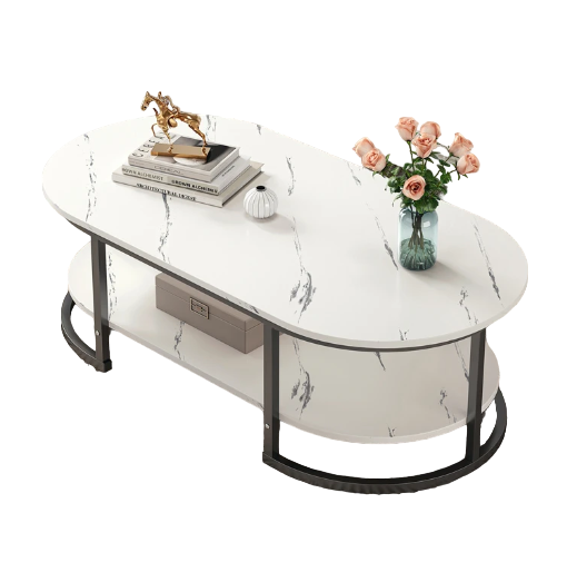 Masuta cafea, alba, blat, aspect marmura, oval, 120x60x45 cm