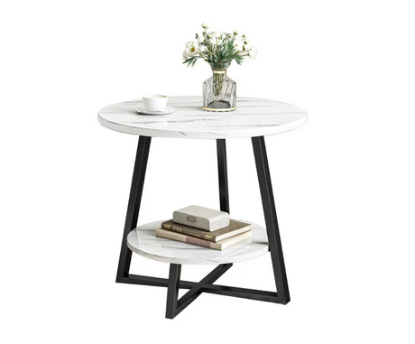 Masuta cafea, masuta living, rotunda, culoare alba-aurie, efect marmura, 60x60x55