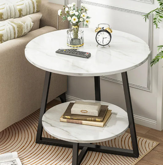 Masuta cafea, masuta living, rotunda, culoare alba-aurie, efect marmura, 60x60x55