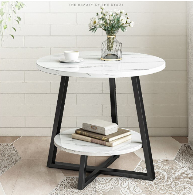 Masuta cafea, masuta living, rotunda, culoare alba-aurie, efect marmura, 60x60x55