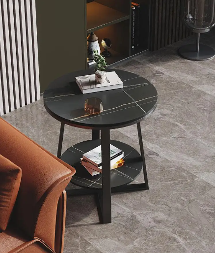 Masuta cafea, masuta living, rotunda, culoare alba-aurie, efect marmura, 60x60x55