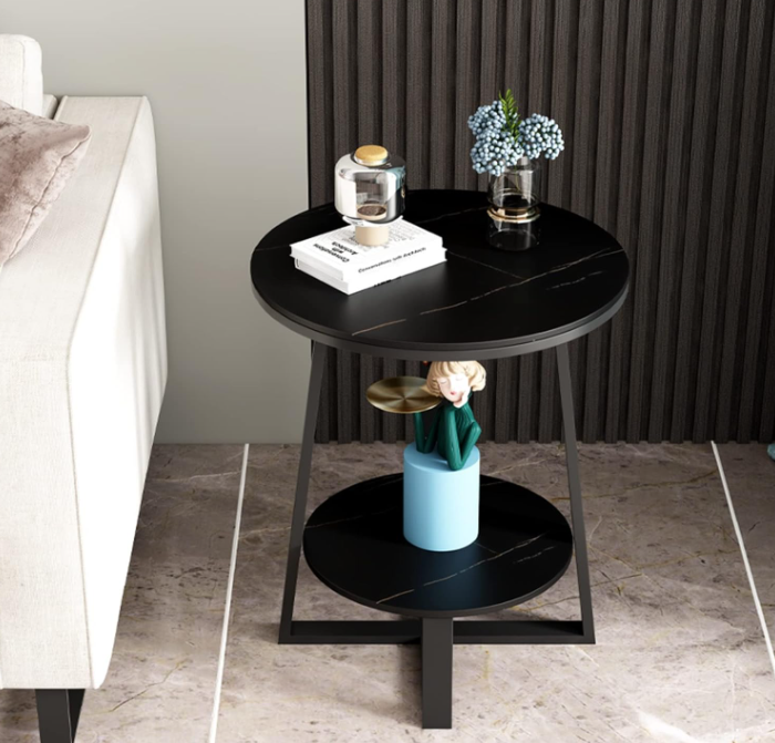 Masuta cafea, masuta living, rotunda, culoare alba-aurie, efect marmura, 60x60x55