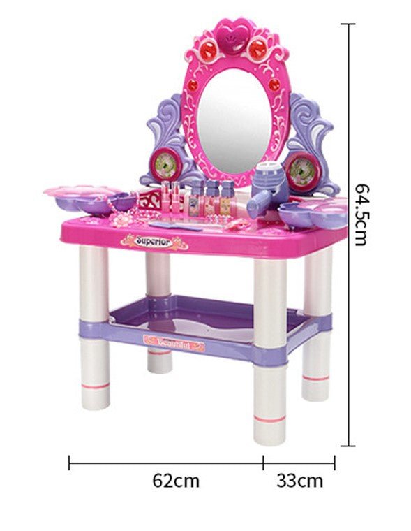 Masuta de machiaj pentru fetite, Oglinda de machiaj cu led, masa de toaleta si scaun, cu sunete , lumini , accesorii, interactiva , cu uscator real, 28 piese - BUZ.RO