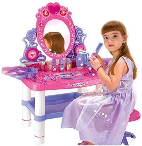 Masuta de machiaj pentru fetite, Oglinda de machiaj cu led, masa de toaleta si scaun, cu sunete , lumini , accesorii, interactiva , cu uscator real, 28 piese - BUZ.RO