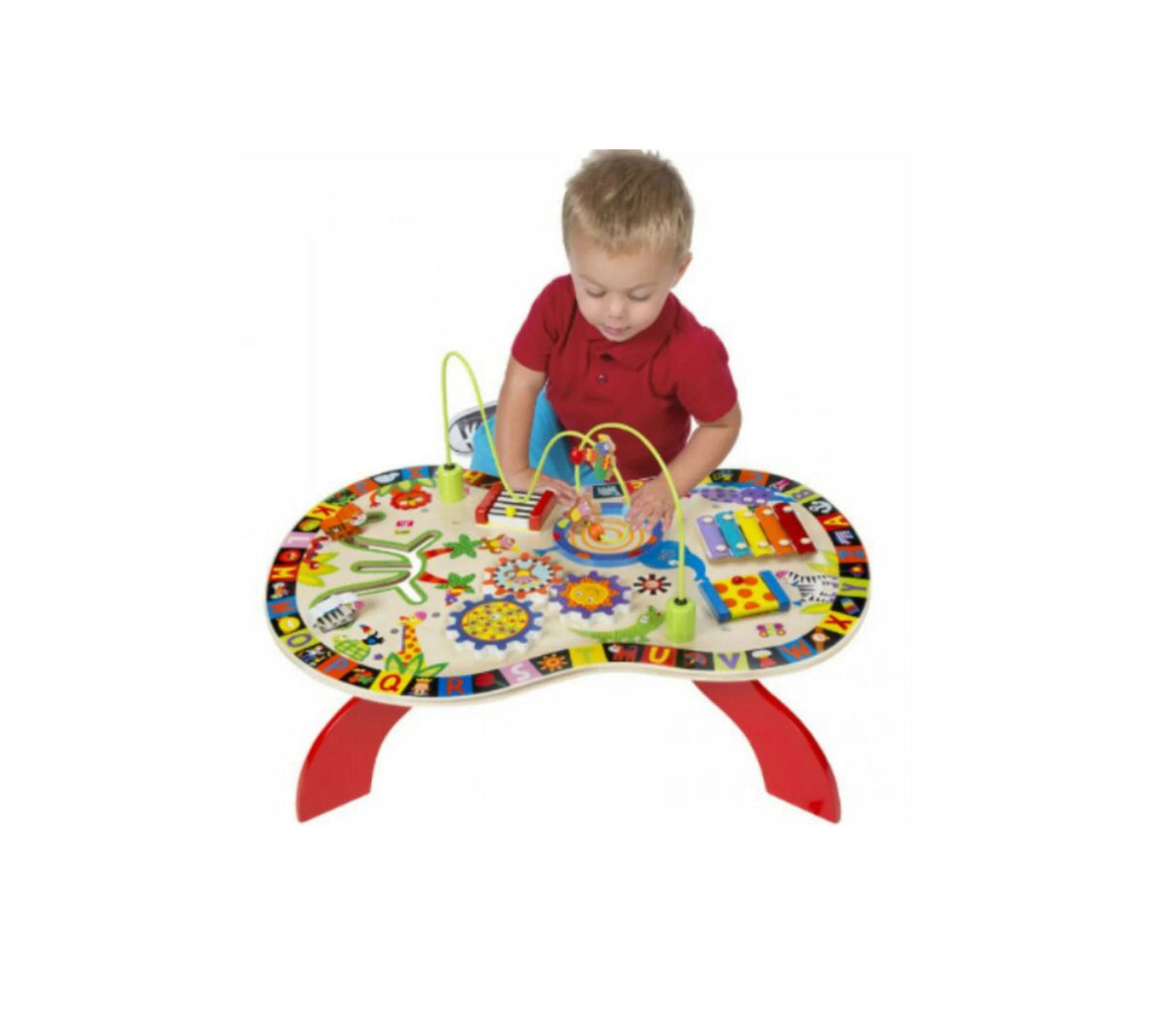 Masuta interactiva cu activitati pentru copii 6 in 1, din lemn, cu diferite figurine si culori, 67x20x43cm