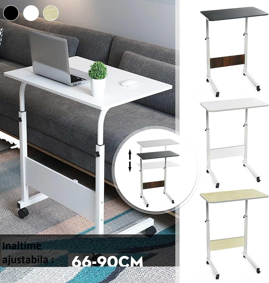 Masuta laptop, reglabila, mini birou, cu roti, masa laptop, blat lemn, ajustabila, ergonomica si mobila, 80x40cm - BUZ.RO