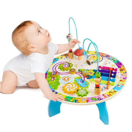 Masuta senzoriala pentru bebelusi cu 7 activitati din lemn, 40x17 - BUZ.RO