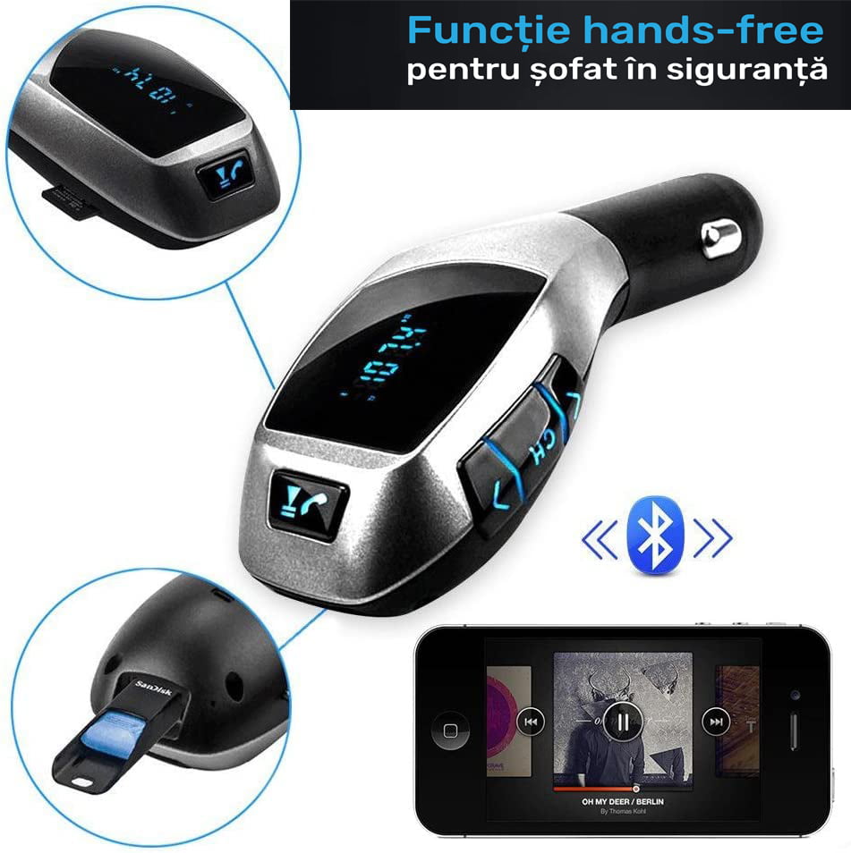 Modulator FM tip wireless cu bluetooth 5.0 incadrat, transmitator FM cu functie de incarcator auto quickcharge 3.0 si port USB, slot microSD, microfon