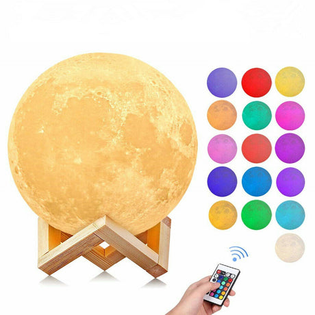Moon Lamp 3D, Lampa Luna 15 CM LED Portabila, Stand Lemn, Alb Cald si Rece, Intensitate Reglabila, Reincarcabila