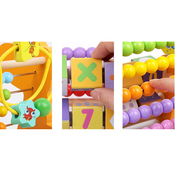 Numaratoare din lemn pentru copii, multifunctionala, cu bile multicolore, galbena, 22x22x18 cm