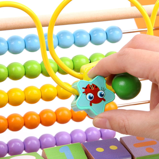 Numaratoare din lemn pentru copii, multifunctionala, cu bile multicolore, galbena, 22x22x18 cm