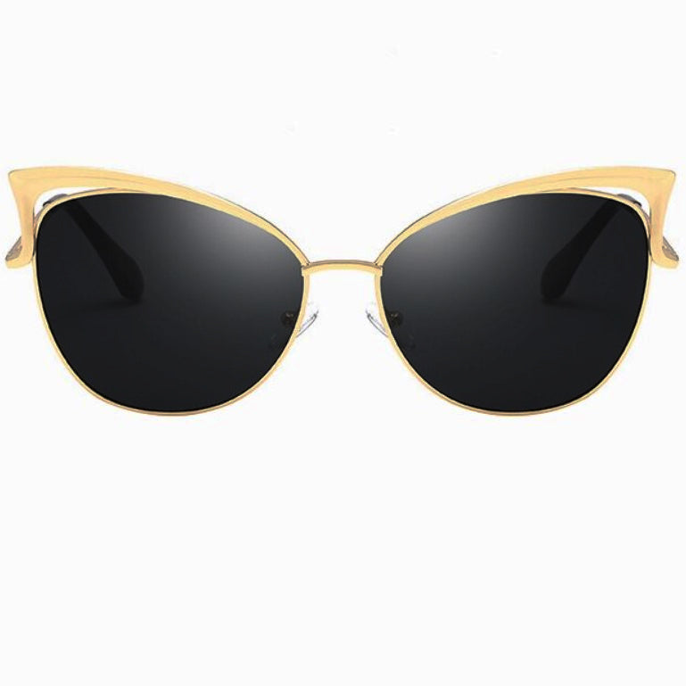 Ochelari de soare dama, cat eye, lentila neagra, rama aurie