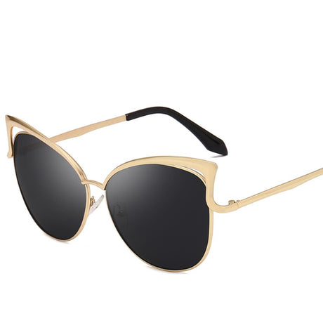 Ochelari de soare dama, cat eye, lentila neagra, rama aurie
