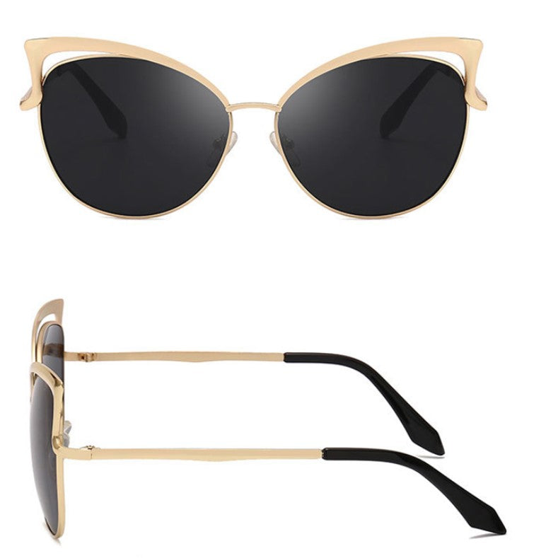 Ochelari de soare dama, cat eye, lentila neagra, rama aurie