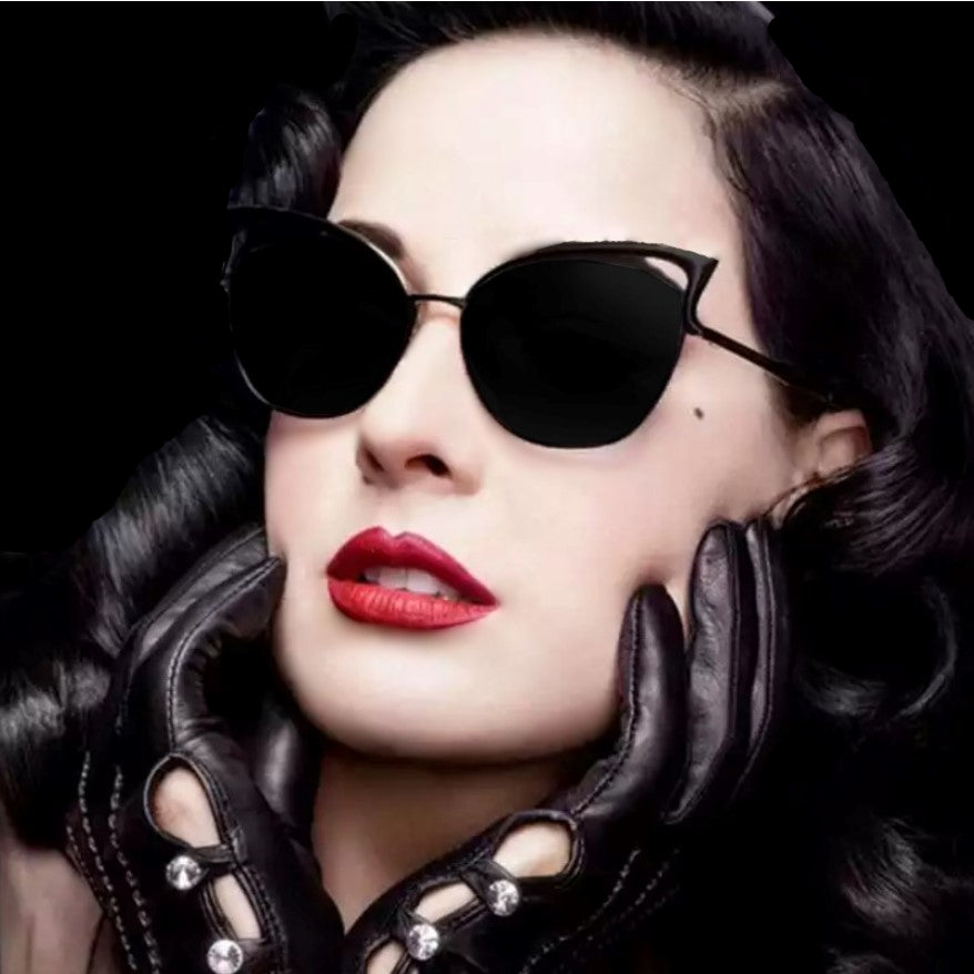 Ochelari de soare dama, cat eye, lentila neagra, rama neagra, ochi de pisica