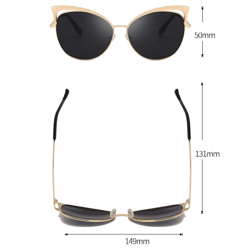 Ochelari de soare dama, cat eye, lentila neagra, rama aurie