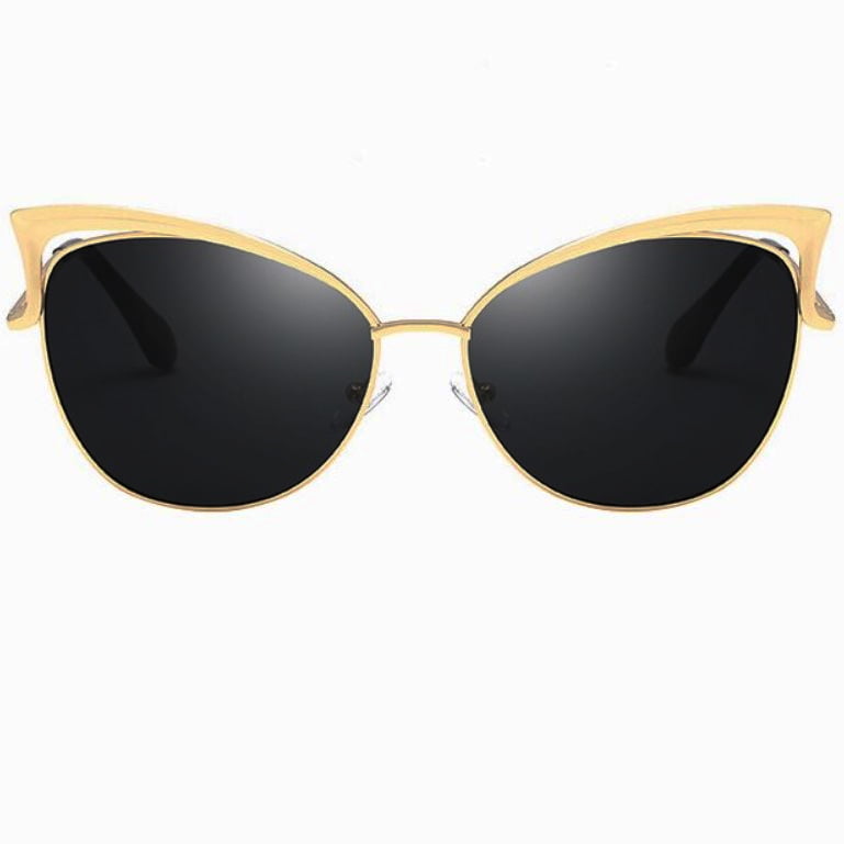 Ochelari de soare dama, cat eye, lentila neagra, rama aurie