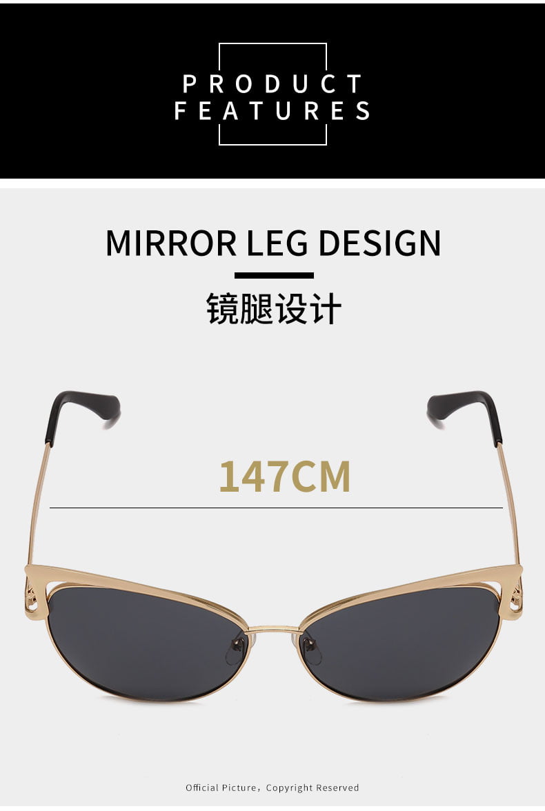 Ochelari de soare dama, cat eye, lentila neagra, rama aurie