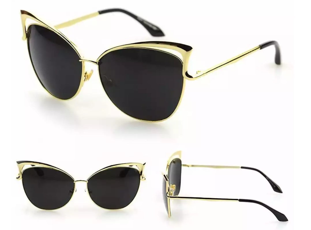 Ochelari de soare dama, cat eye, lentila neagra, rama aurie