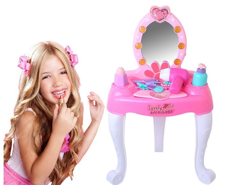 Oglinda de machiaj cu led copii, masa si accesorii fetite cu sunete , lumini , accesorii , 16 piese - BUZ.RO