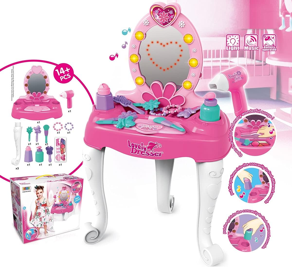 Oglinda de machiaj cu led copii, masa si accesorii fetite cu sunete , lumini , accesorii , 16 piese - BUZ.RO