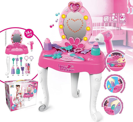 Oglinda de machiaj cu led copii, masa si accesorii fetite cu sunete , lumini , accesorii , 16 piese - BUZ.RO