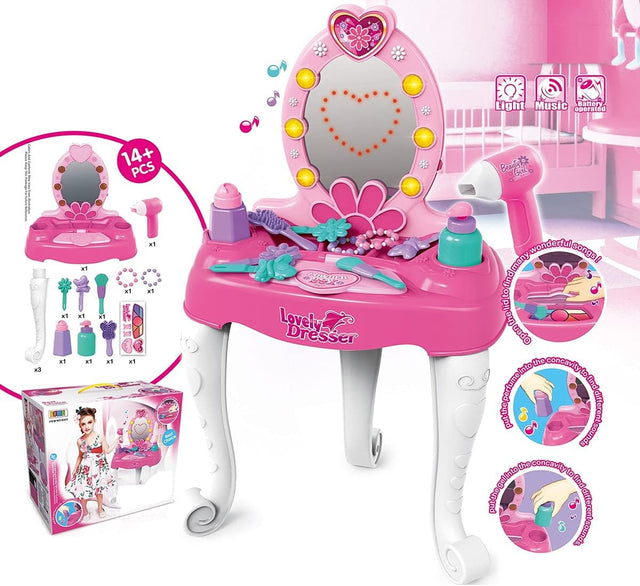 Oglinda de machiaj cu led copii, masa si accesorii fetite cu sunete , lumini , accesorii , 16 piese - BUZ.RO