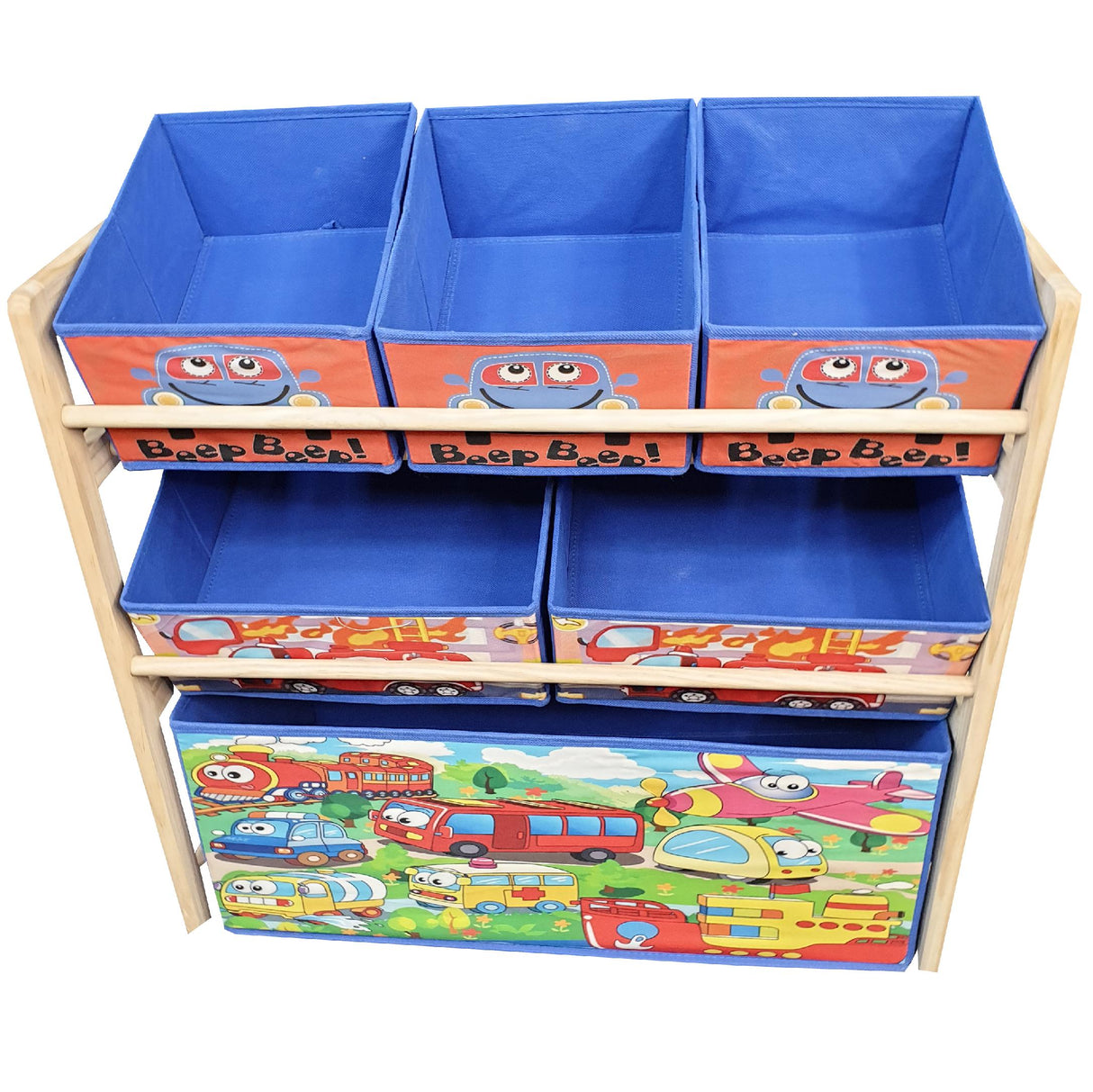 Organizator jucarii cu 6 cutii de depozitare si rafturi, 66 cm x 27 cm x 60 cm , albastru