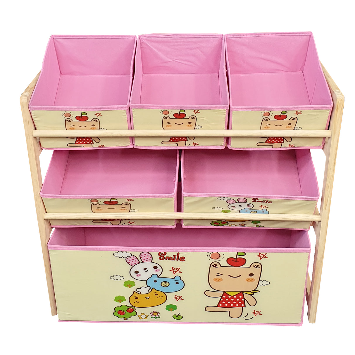 Organizator jucarii, cutii depozitare, rafturi, 6 cutii si 3 rafturi, 66 x 27 x 60 cm, roz