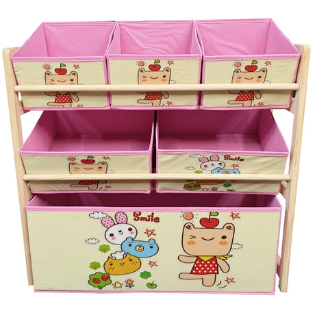 Organizator jucarii, cutii depozitare, rafturi, 6 cutii si 3 rafturi, 66 x 27 x 60 cm, roz - BUZ.RO